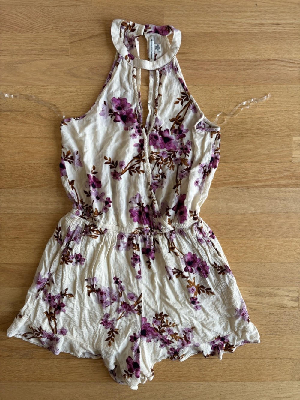 American Eagle Outfitters Ivory Floral Halter Top with Purple and Brown Print
